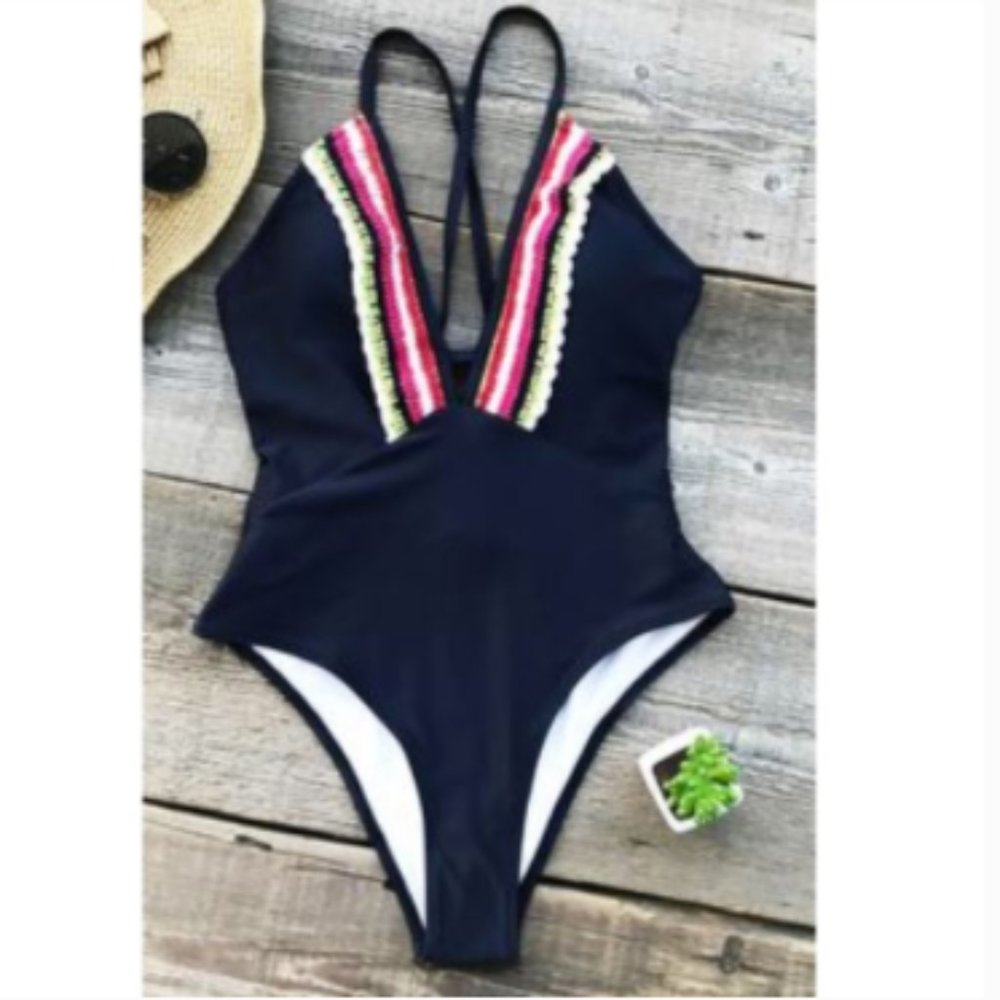 Cupshe Navy Rainbow Crocheted One Piece